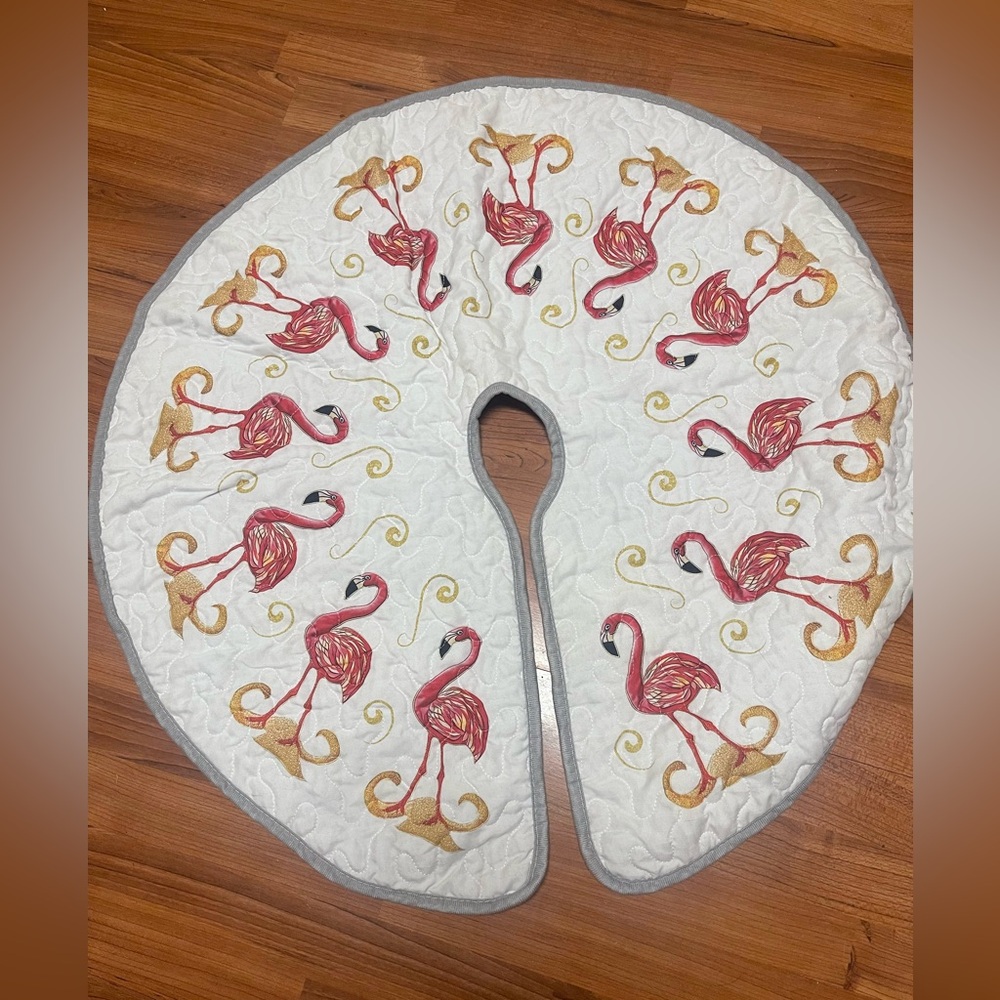 Flamingo Tree Skirt with Gray Trim